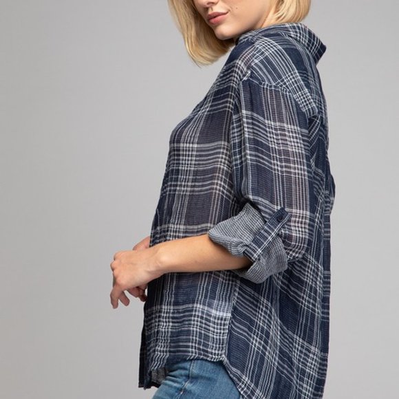 COPY - Gauzy lightweight navy plaid button up with sleeve ties - Picture 2 of 4